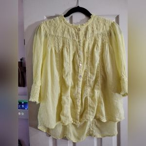 Sundance Top LP Yellow Embroidered 100% Gauze Cotton Button Crochet Pleated.